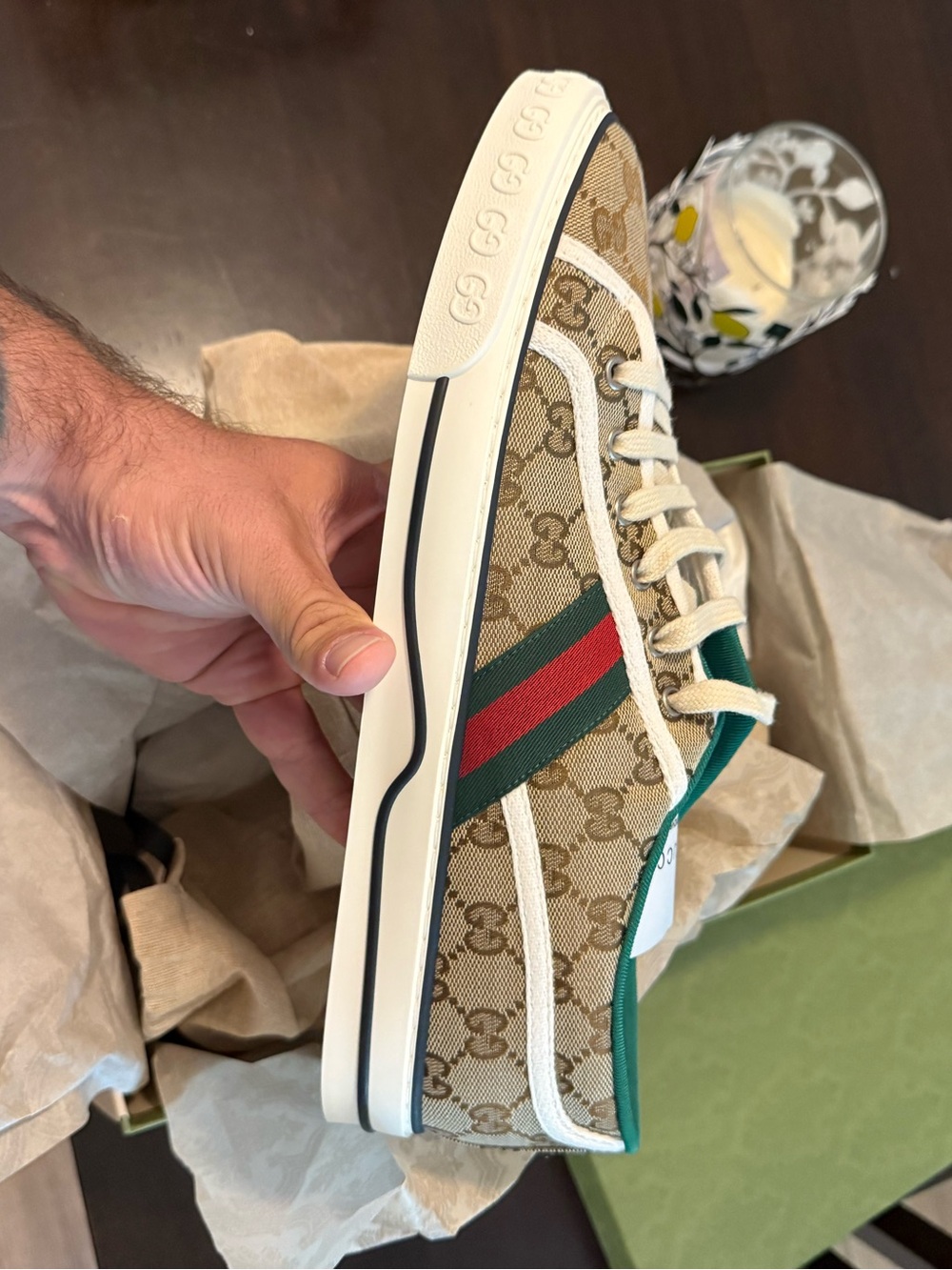 Gucci Brown GG Canvas Low-Top Sneaker with Green & Red Web - Picture 2 of 3
